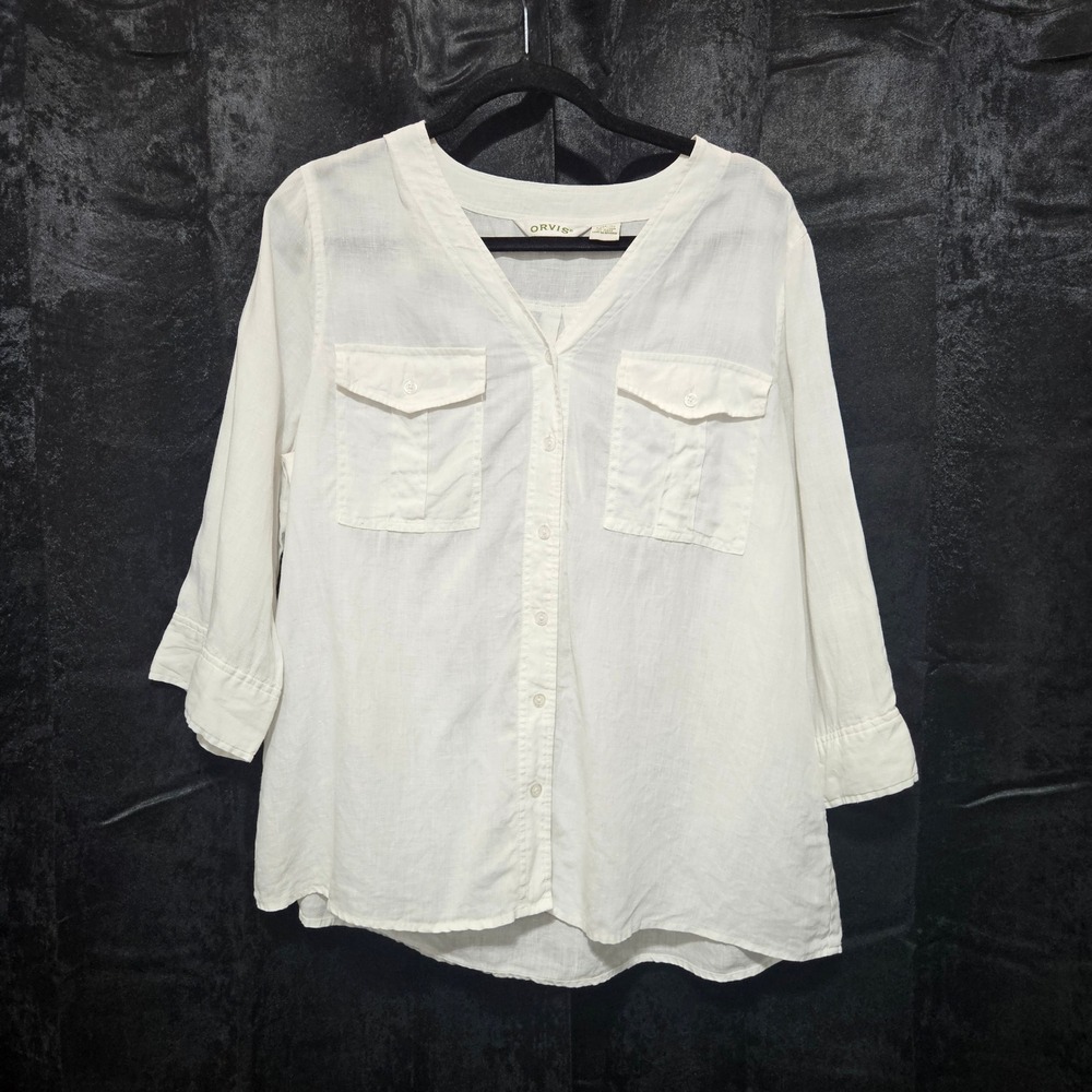 Orvis Womens White 100% Linen Button Down V-Neck 3/4 Sleeve Utility Shirt Large
